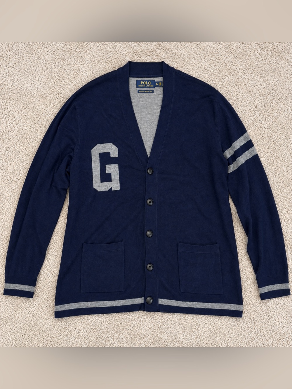 Polo Ralph Lauren 100% Merino Wool Varsity G Cardigan XL Georgetown Navy Gray
